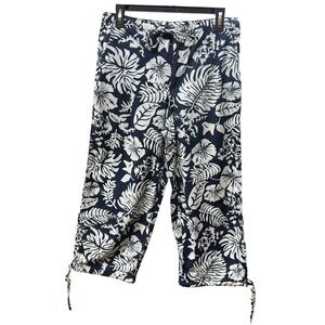 Women's Catalina‎ Navy Tropical Print Cotton Blend Capris Drawstrings Elastic